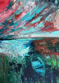 LANDSCAPE – THE MOORING – AFTER – IN THE STYLE OF IAN FLINDT – 60 x 45cm – UNFRAMED – OIL ON BOARD oil painting workshops