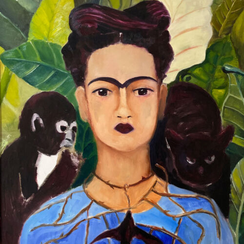 oil painting - figures - frida with the eyebrow - after kahlo - 60 x 50cm - oil on board - by Emily McCormack