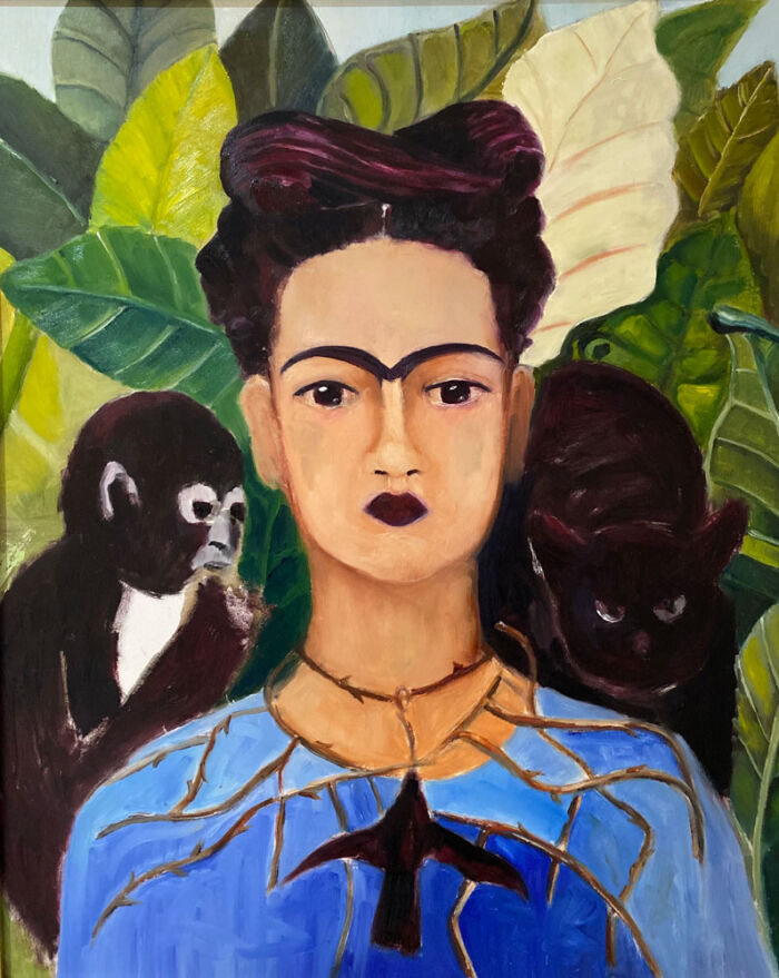 oil painting - figures - frida with the eyebrow - after kahlo - 60 x 50cm - oil on board - by Emily McCormack