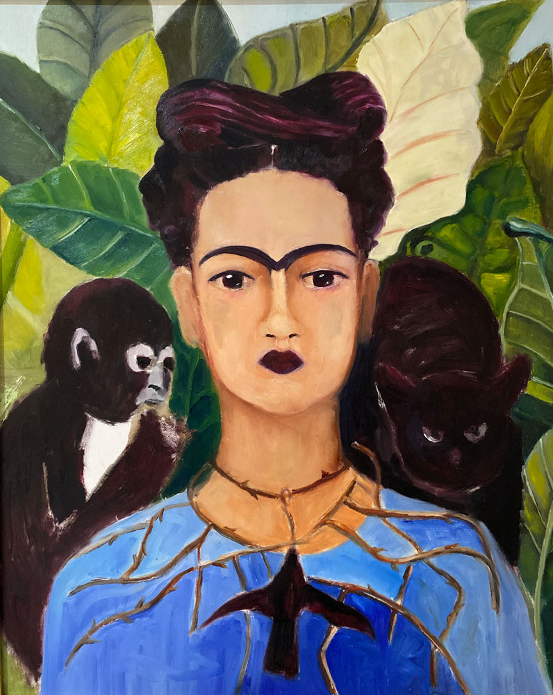 oil painting - figures - frida with the eyebrow - after kahlo - 60 x 50cm - oil on board - by Emily McCormack