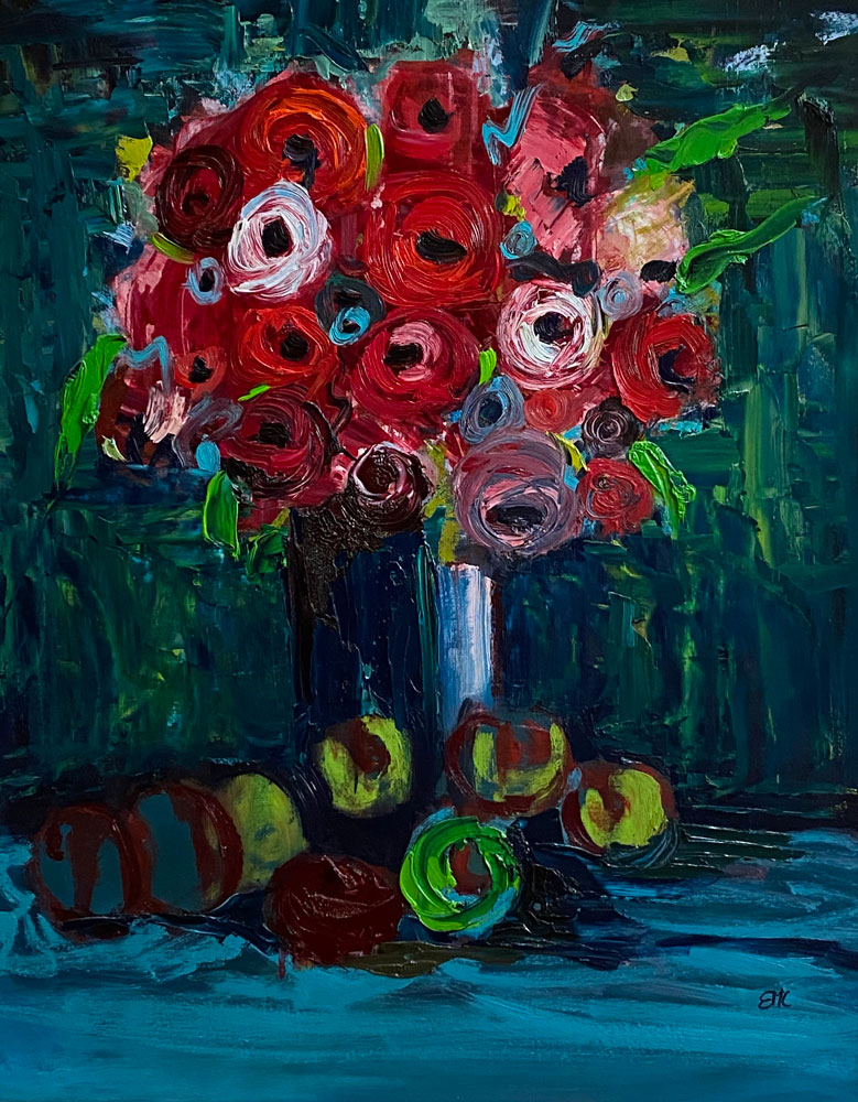 Floral oil painting - Ending the autumn with universal circles of apples and roses - 60 x 50cm - Oil on board - by Emily McCormack