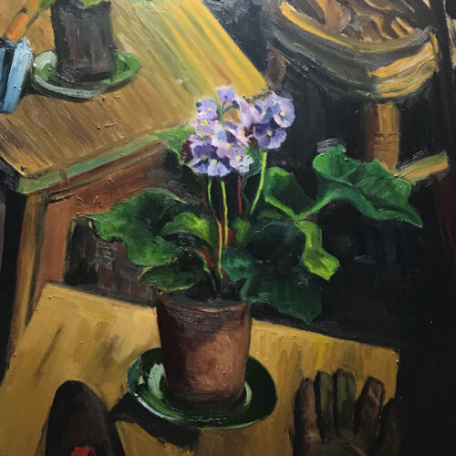 Oil painting - Floral - Potted violas after Leech - 60 x 50cm - Oil on board