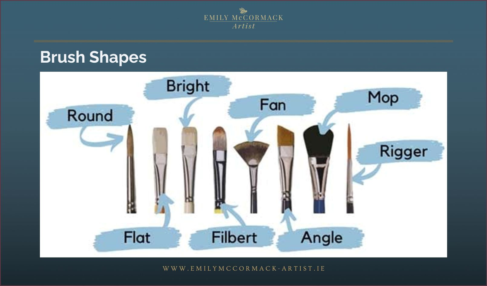 Image showing eight common oil painting brush shapes including round, flat, bright, filbert, fan, angle, mop, and rigger, each clearly labelled.