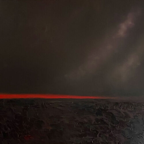 Brilliant red skyline over the bog - oil painting by Emily McCormack