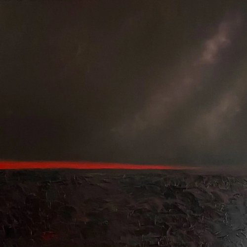 Brilliant red skyline over the bog - oil painting by Emily McCormack