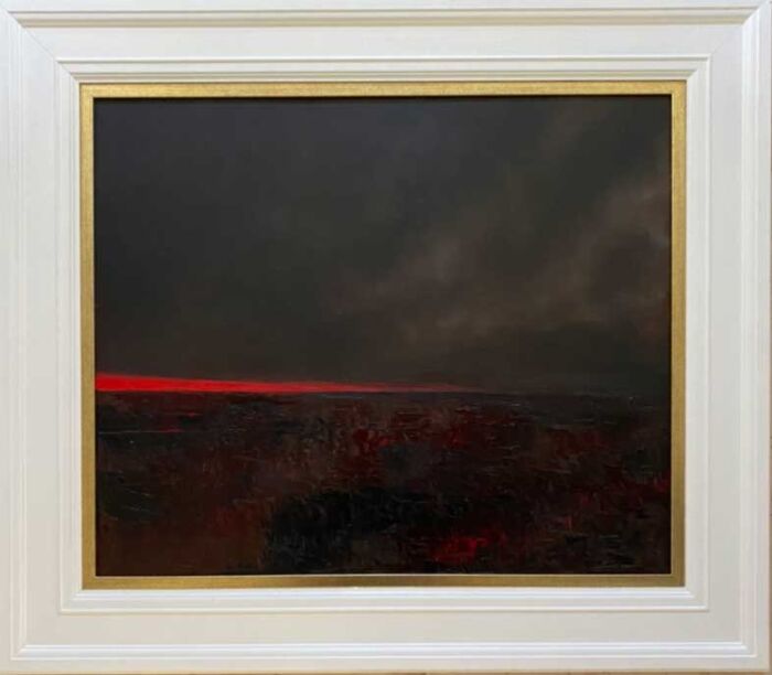 brilliant red skyline over the bog - landscape oil painting