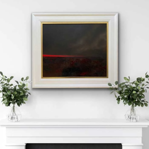 brilliant red skyline over the bog - landscape oil painting
