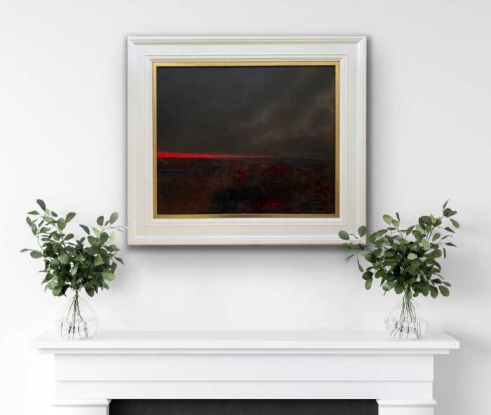 brilliant red skyline over the bog - landscape oil painting