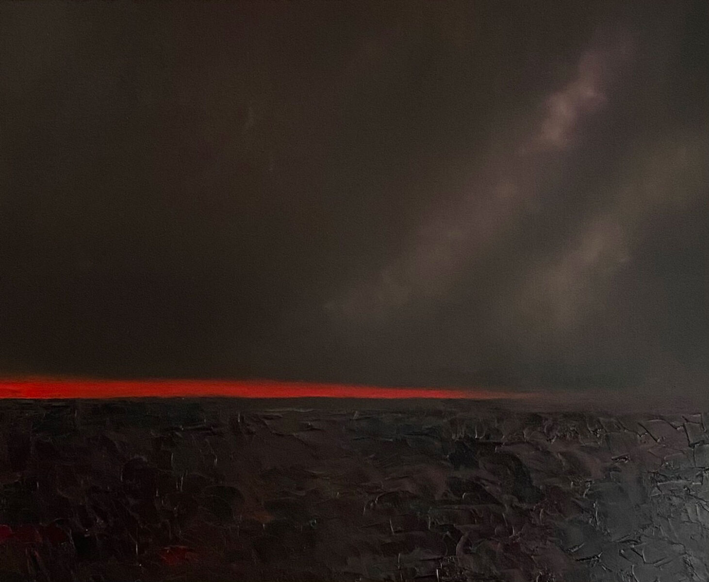 Brilliant red skyline over the bog - oil painting by Emily McCormack
