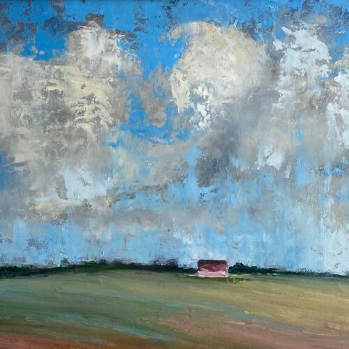 The Red Shed beneath the rolling clouds by Irish artist Emily McCormack