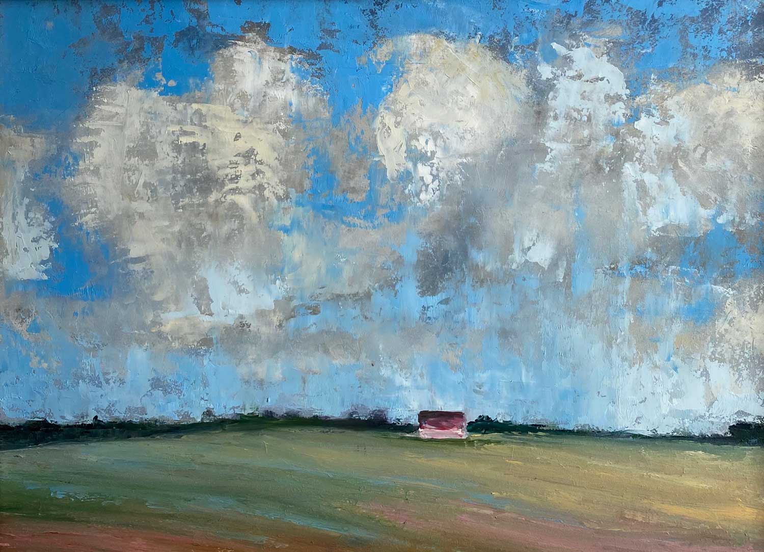 The Red Shed beneath the rolling clouds by Irish artist Emily McCormack
