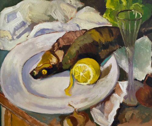 Still life of fish and lemons - after Serebriakova - oil painting