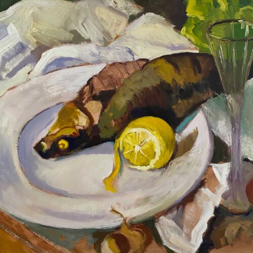Still life of fish and lemons - after Serebriakova - oil painting