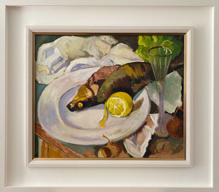 Still life of fish and lemons - after Serebriakova - oil painting