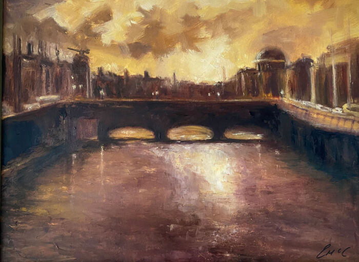 Dublin's River Liffey - Last of the evening light - original landscape oil painting