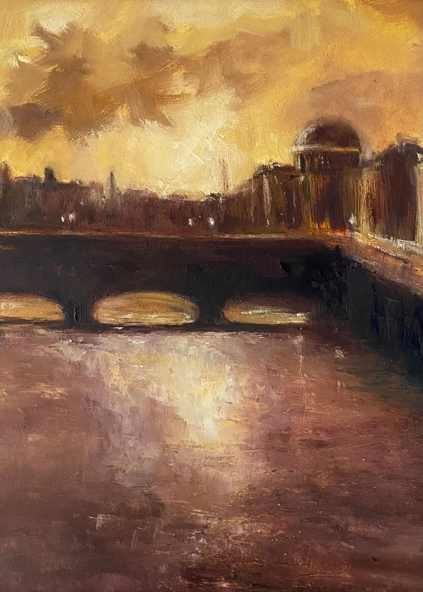 Dublin's River Liffey - Last of the evening light - original landscape oil painting by Emily McCormack