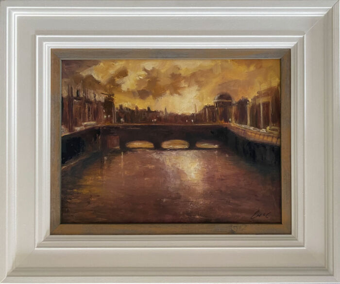 Dublin's River Liffey - Last of the evening light - original landscape oil painting in a frame