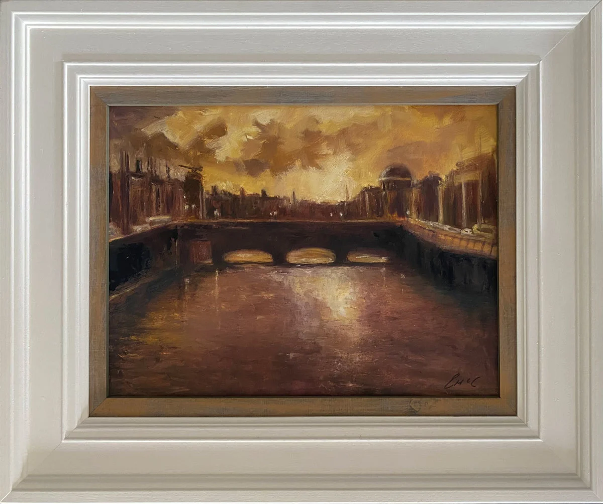 Dublin's River Liffey - Last of the evening light - original landscape oil painting in a frame by Emily McCormack