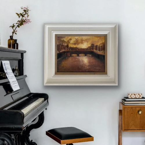 Dublin's River Liffey - Last of the evening light - original landscape oil painting in a music room setting