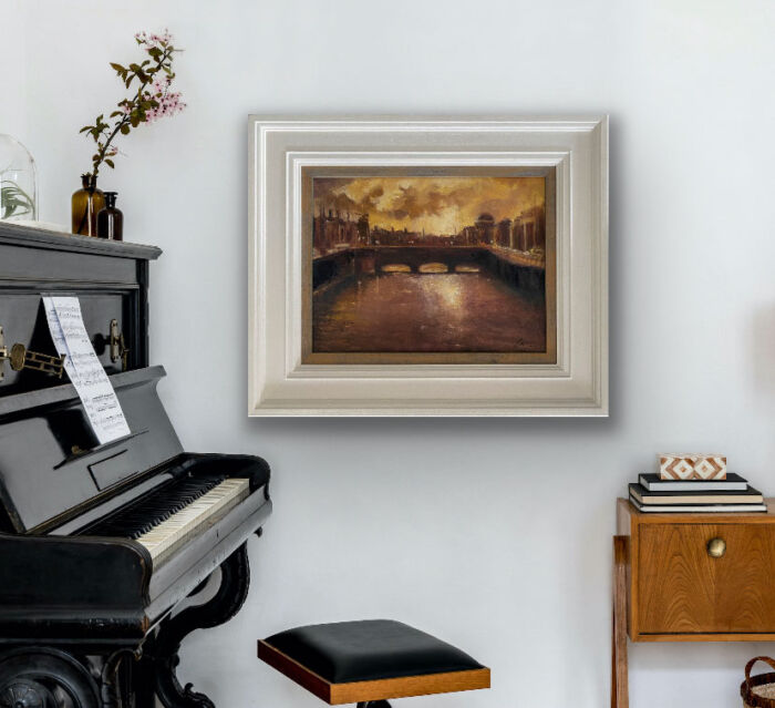 Dublin's River Liffey - Last of the evening light - original landscape oil painting in a music room setting