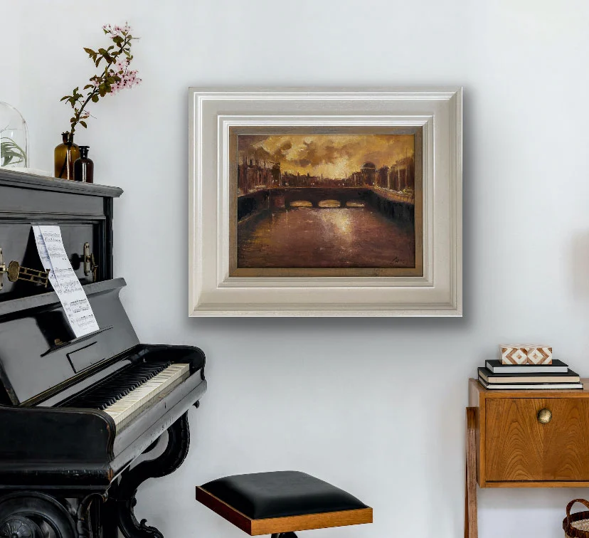 Dublin's River Liffey - Last of the evening light - original landscape oil painting in a music room setting by Emily McCormack