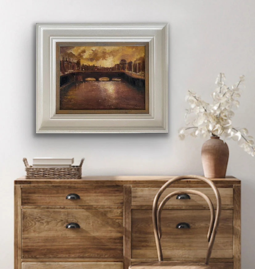 Dublin's River Liffey - Last of the evening light - original landscape oil painting in a lounge setting by Emily McCormack