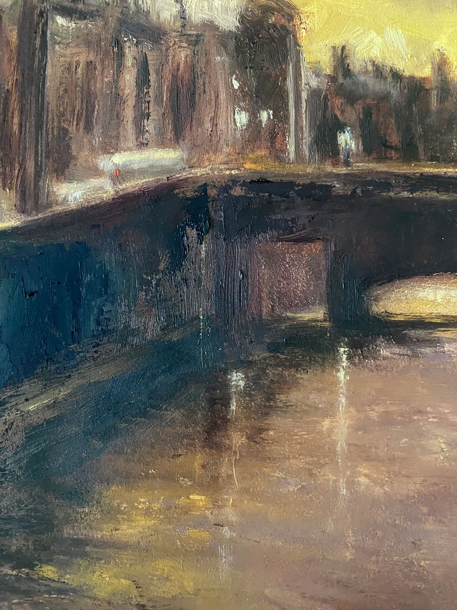 Dublin's River Liffey - Last of the evening light - original landscape oil painting by Emily McCormack