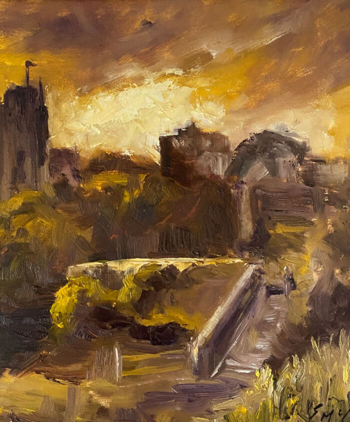 Golden Light Falling on Trim Castle - original oil painting close up