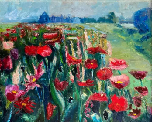 Onwards Through a Field of Flowers to Relics of the Past - Porchfields Trim - landscape oil painting by Emily McCormack
