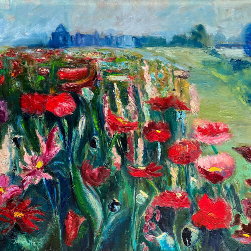 Onwards Through a Field of Flowers to Relics of the Past - Porchfields Trim - landscape oil painting