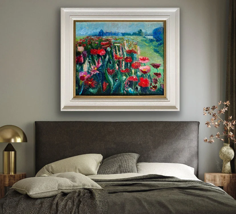 Onwards Through a Field of Flowers to Relics of the Past - Porchfields Trim - landscape oil painting by Emily McCormack