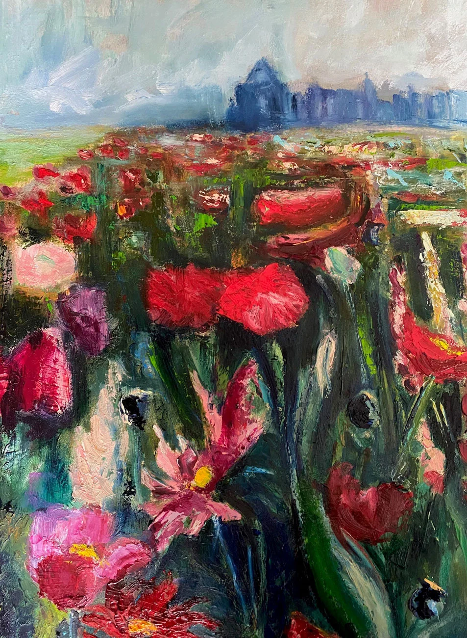 Onwards Through a Field of Flowers to Relics of the Past - Porchfields Trim - landscape oil painting by Emily McCormack