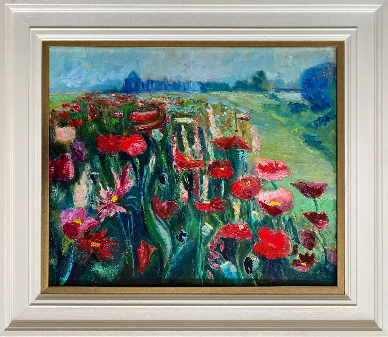 Onwards Through a Field of Flowers to Relics of the Past - Porchfields Trim - landscape oil painting by Emily McCormack