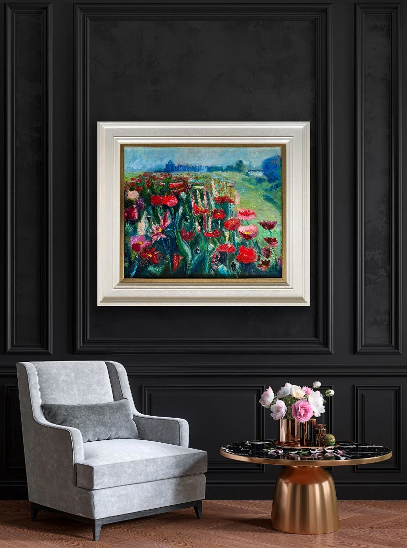Onwards Through a Field of Flowers to Relics of the Past - Porchfields Trim - landscape oil painting by Emily McCormack