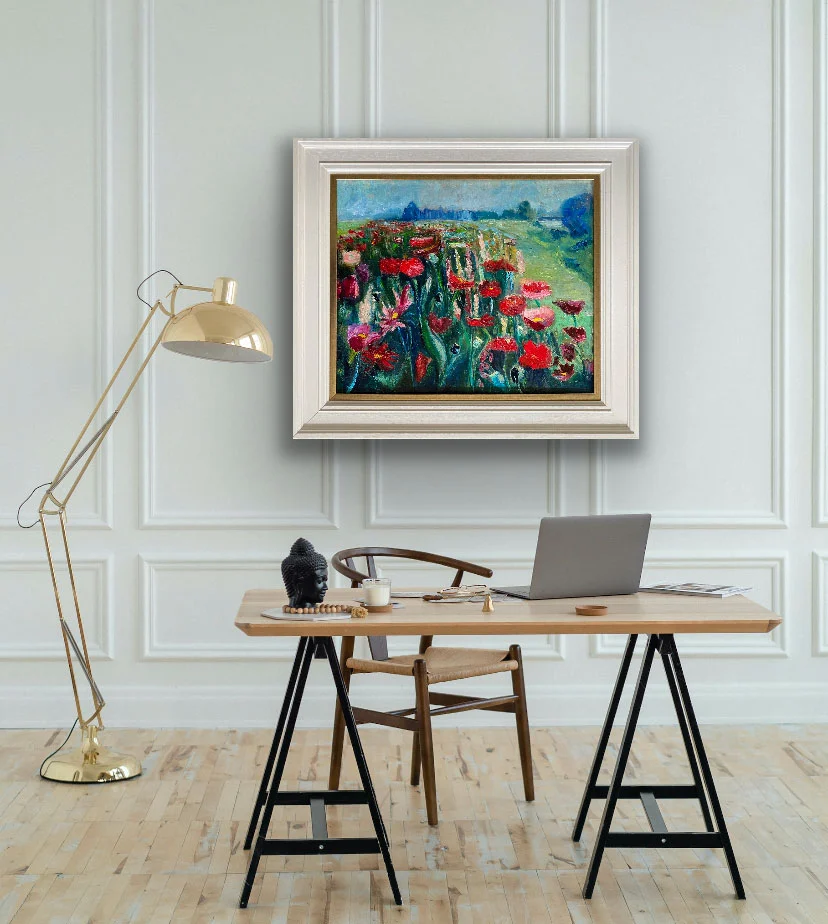 Onwards Through a Field of Flowers to Relics of the Past - Porchfields Trim - landscape oil painting by Emily McCormack