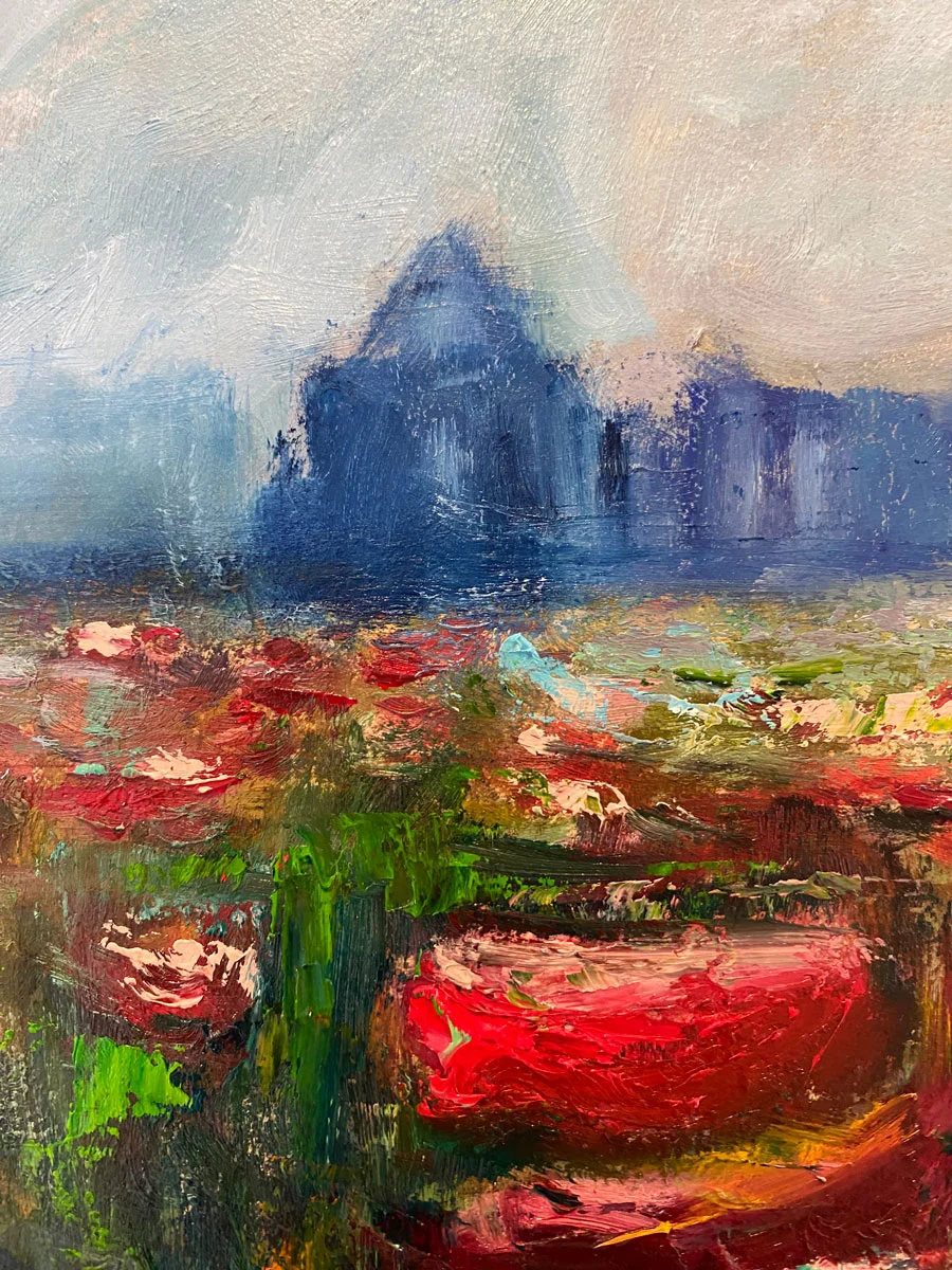 Onwards Through a Field of Flowers to Relics of the Past - Porchfields Trim - landscape oil painting by Emily McCormack