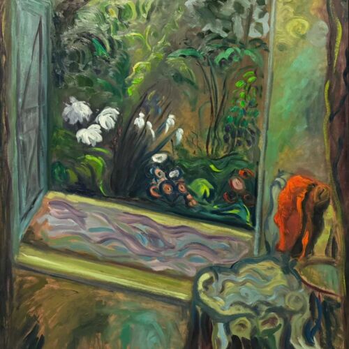 Oil painting - Floral Garden Painting - Throwing Back The Shutters and Letting Springtime In - after Grant - framed - oil on board