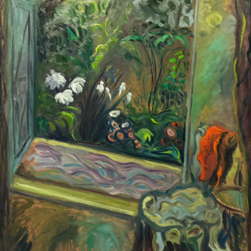 Oil painting - Floral Garden Painting - Throwing Back The Shutters and Letting Springtime In - after Grant - framed - oil on board