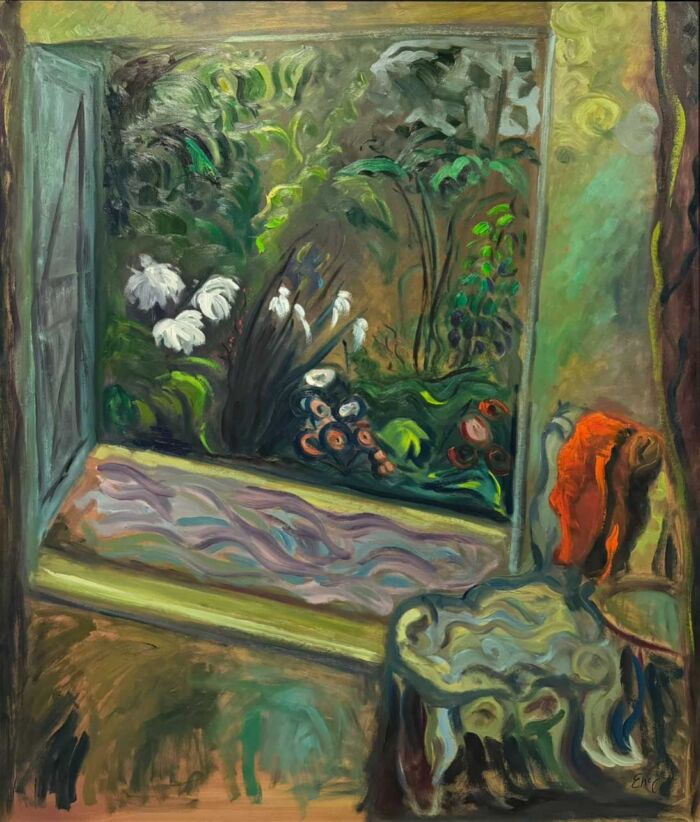 Oil painting - Floral Garden Painting - Throwing Back The Shutters and Letting Springtime In - after Grant - framed - oil on board