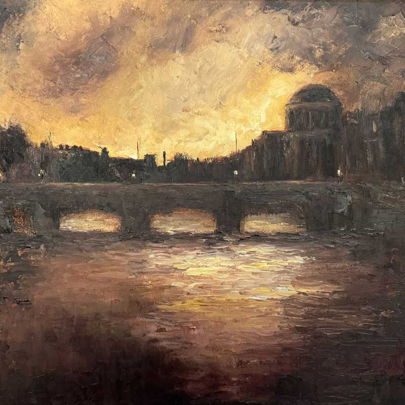 Twilight Descends over Dublin's River Liffey - original Irish landscape oil painting