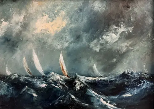 Sailing Against Winters Storm - Original affordable oil painting by Emily McCormack