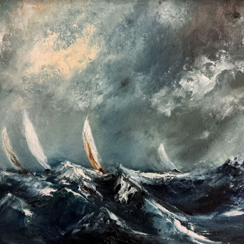 Sailing Against Winters Storm - Original affordable oil painting