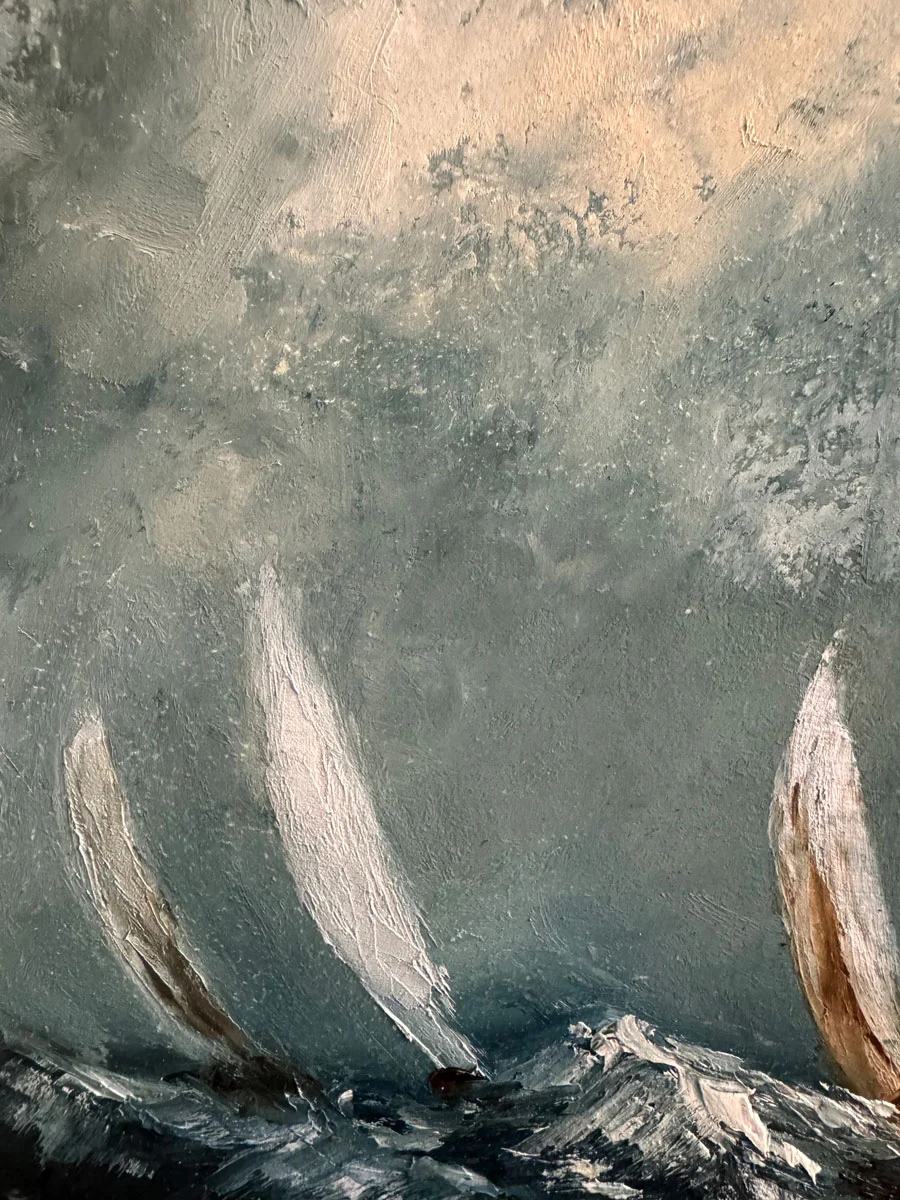 Sailing Against Winters Storm - Original affordable oil painting by Emily McCormack
