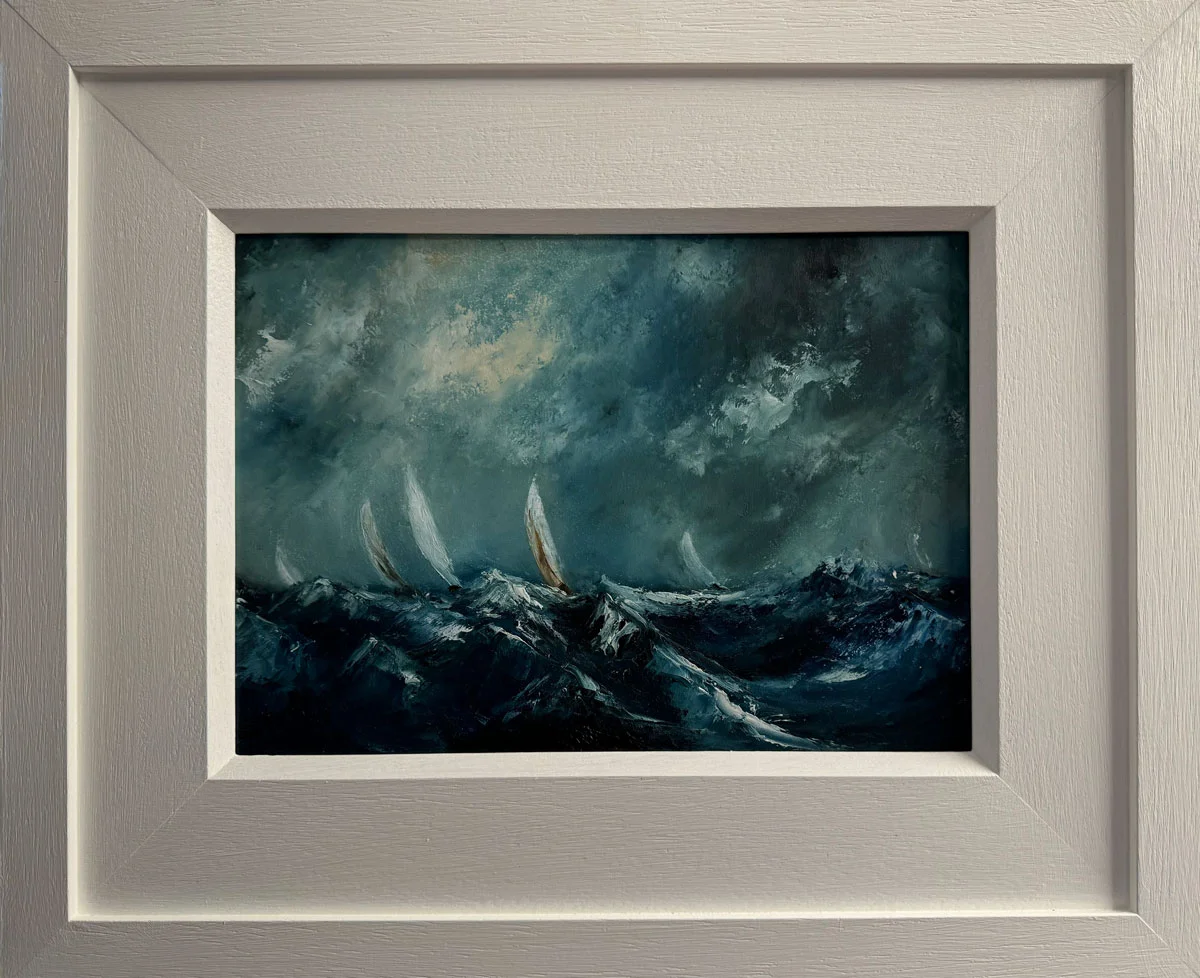 Sailing Against Winters Storm - Original affordable oil painting by Emily McCormack
