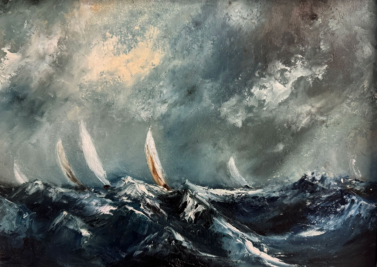 Sailing Against Winters Storm - Original affordable oil painting