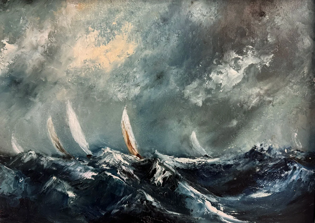 Sailing Against Winters Storm - Original affordable oil painting by Emily McCormack