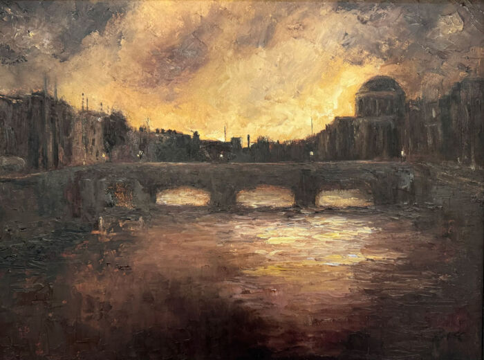 Twilight Descends over Dublin's River Liffey - original Irish landscape oil painting