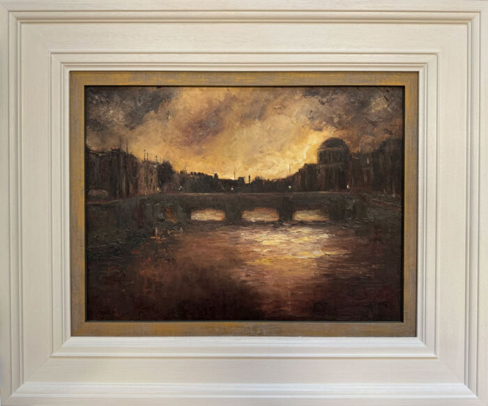 Twilight Descends over Dublin's River Liffey - original Irish landscape oil painting