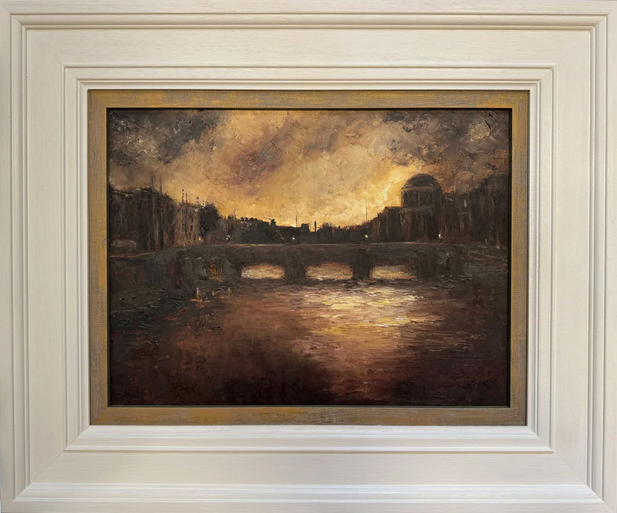 Twilight Descends over Dublin's River Liffey - original Irish landscape oil painting by Emily McCormack