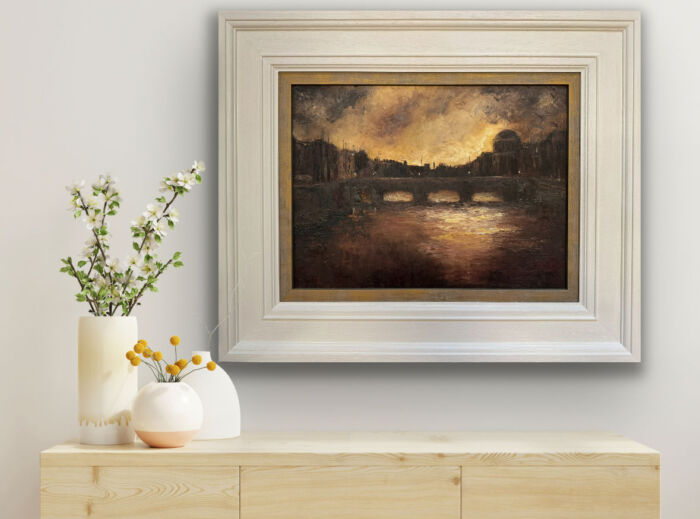 Twilight Descends over Dublin's River Liffey - original Irish landscape oil painting